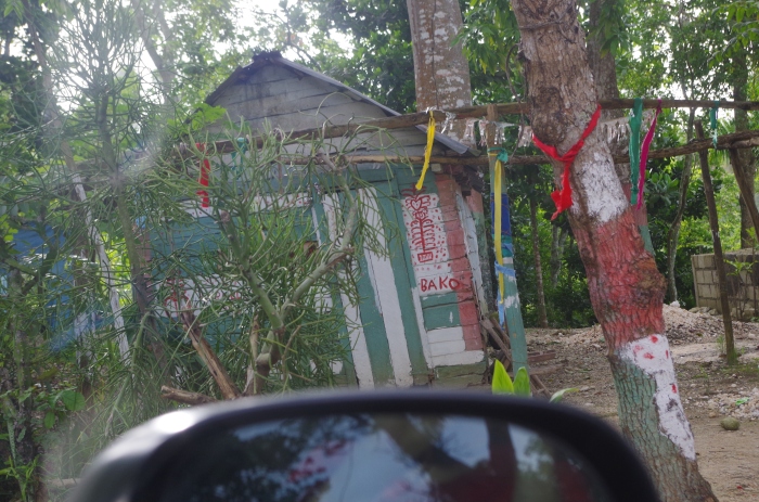 A vodou temple up in the severe mountain heights between Port-au-Prince and Jacmel.  Note the abstract representation of the tree in red - vodou will almost ALWAYS tend towards abstraction in its artwork, I was told